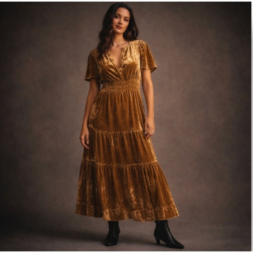 Anthropologie Velvet Maxi Dress Medium Champagne Gold Whimsigoth Gothic Romantic